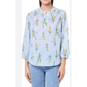 Nautica Jeans Women 3/4 Sleeve Blouse Blue/White Stripe Yellow Flowers L NWT